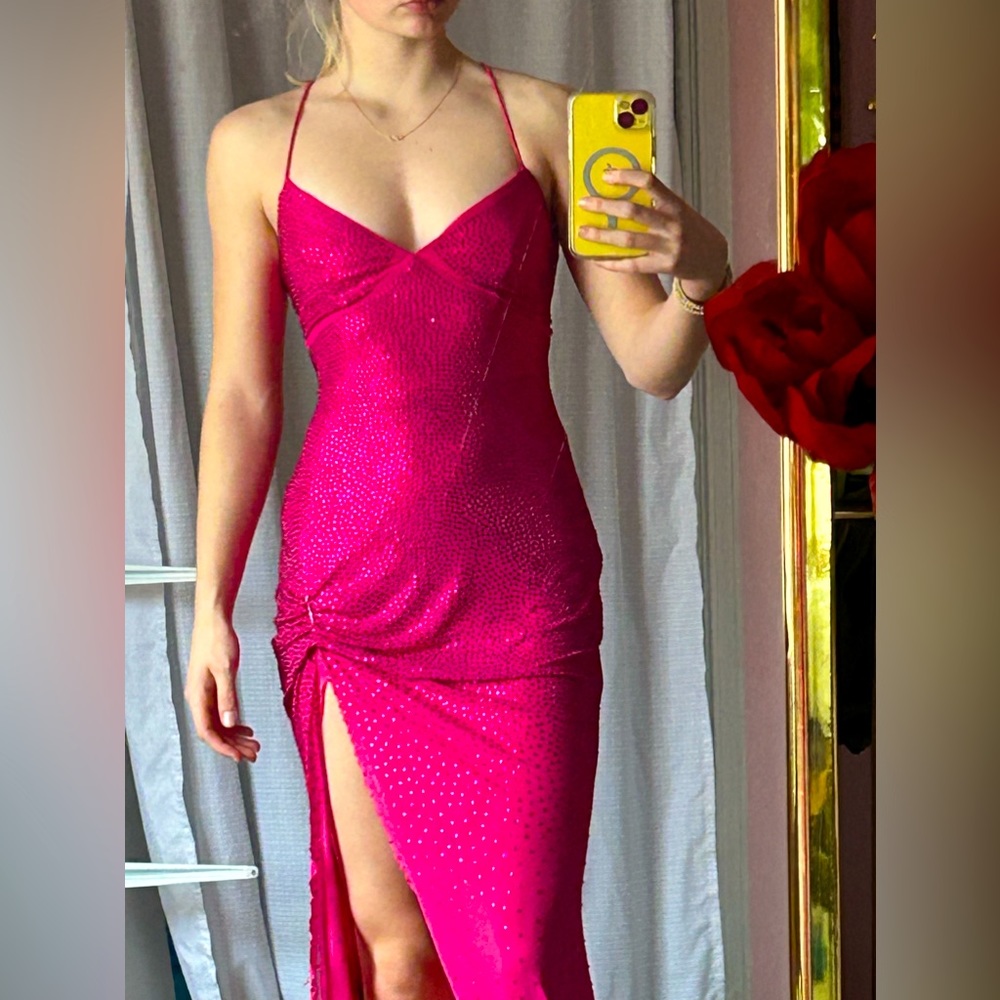 pink bedazzled jen prom dress, laced back